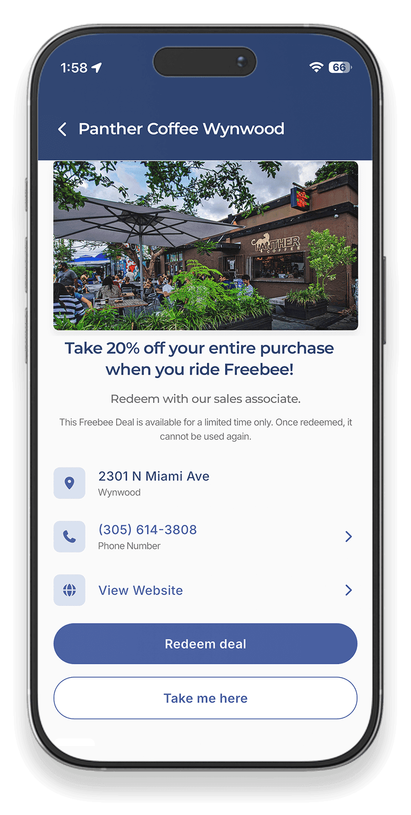 Mobile phone showing Freebee's mobile app specific destination page