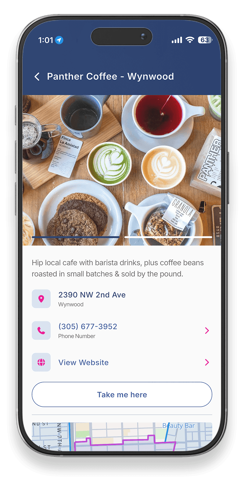 Mobile phone showing Freebee's mobile app destinations page