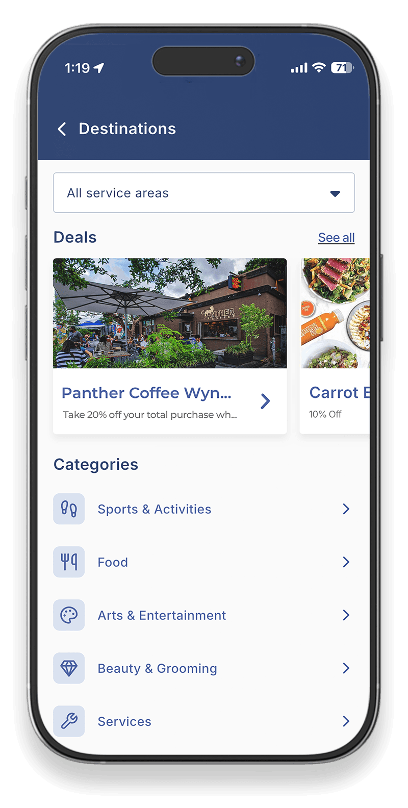 Freebee app destinations screen