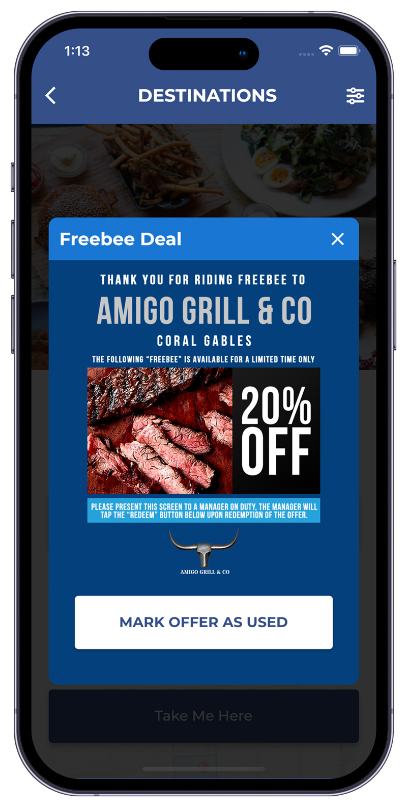 Mobile phone showing Freebee's mobile app specific deal page