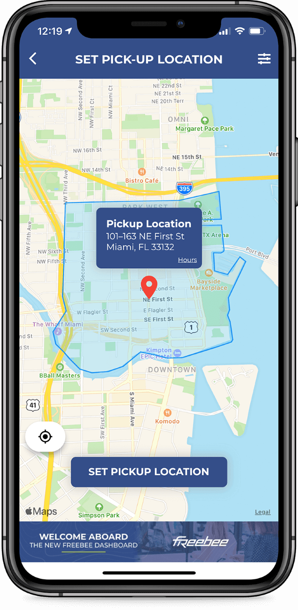 Mobile phone showing Freebee's mobile app set pick-up location page